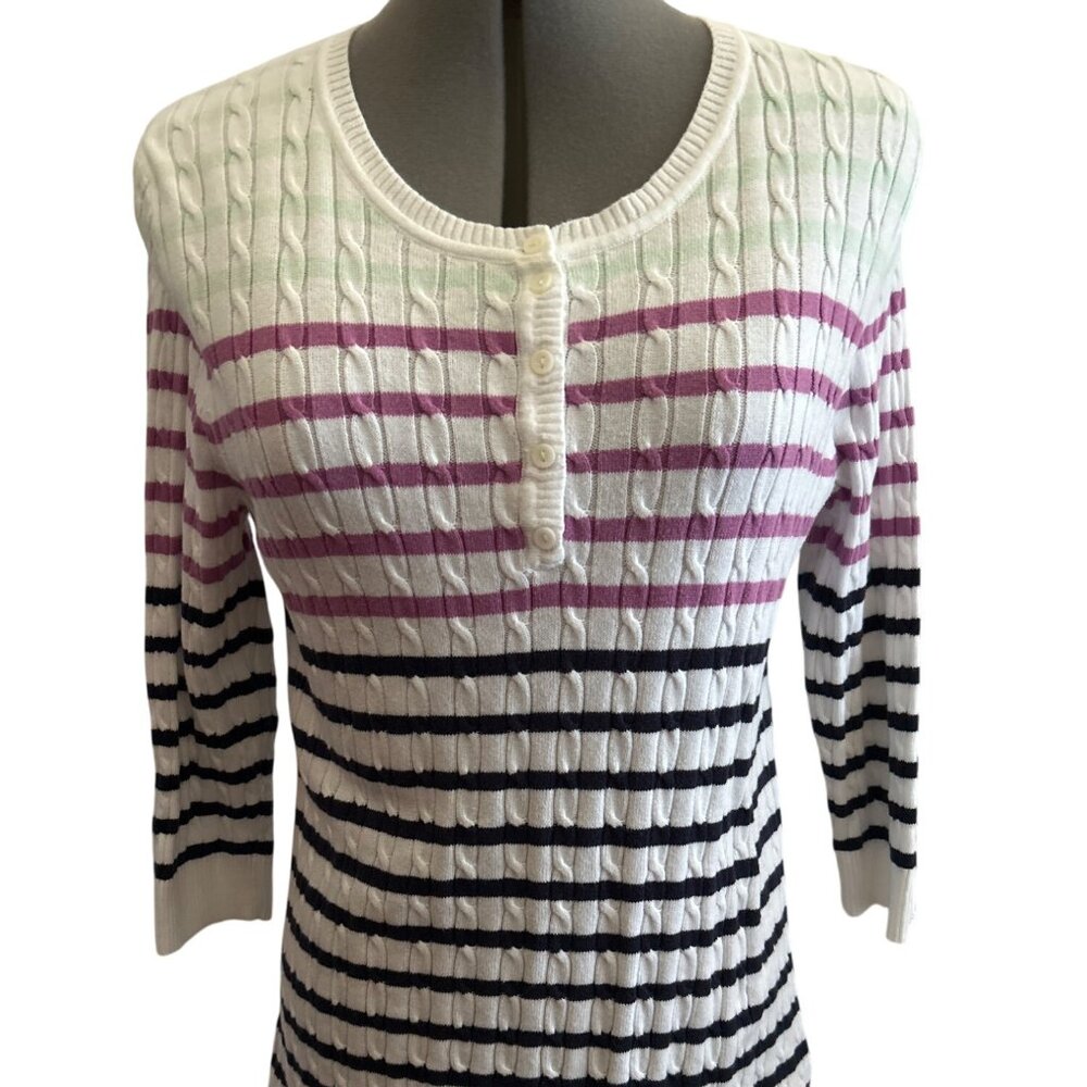 Croft & Barrow Womens Striped Cable Knit Cotton Sweater M Multicolor 3/4 Sleeves